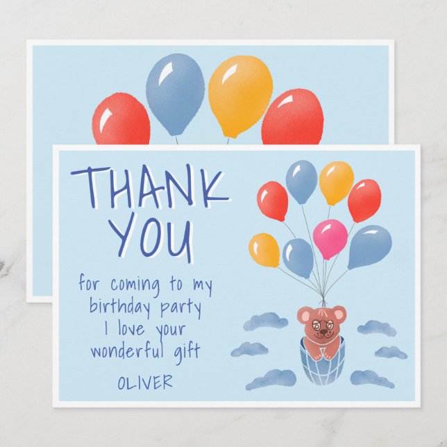 Carte De Remerciements Anniversaire de enfant mignon Ours Teddy (Devant / Derrière)