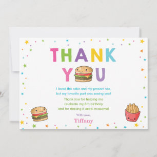 Carte De Remerciements Anniversaire de Kawaii Cute, Fille du Burger Party