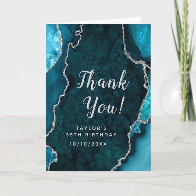 Carte De Remerciements Anniversaire de l'Agate turquoise et Argent (Devant)