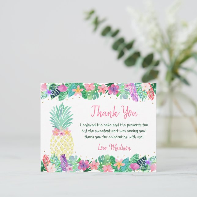 Carte De Remerciements Anniversaire de l'ananas Floral Rose (Debout devant)
