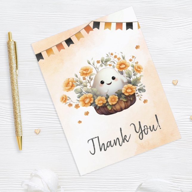 Carte De Remerciements Anniversaire de l'Halloween Ghost Cute (Add a touch of cuteness to your Halloween birthday celebration with this adorable ghost design.)