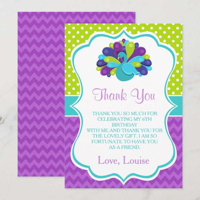 Carte De Remerciements Anniversaire de paon mignon vert et violet (Devant / Derrière)