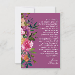 Carte De Remerciements Anniversaire des femmes florales violettes roses