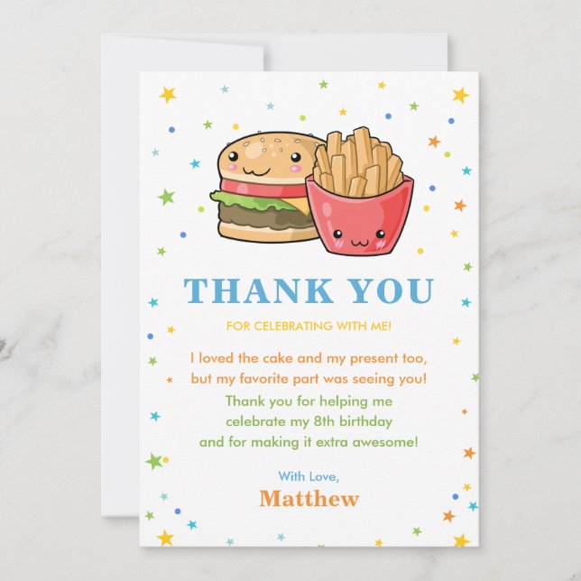 Carte De Remerciements Anniversaire du garçon de la fête du hamburger de  (Devant)