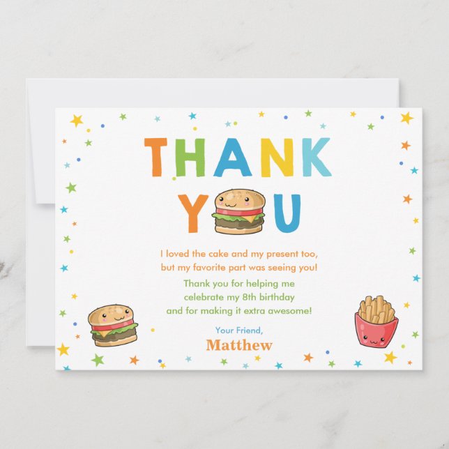 Carte De Remerciements Anniversaire du garçon de la fête du hamburger de  (Devant)