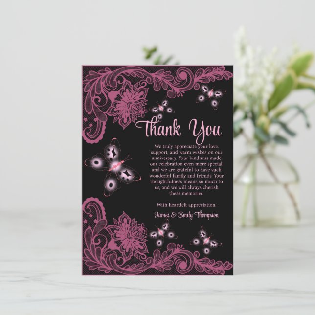 Carte De Remerciements Anniversaire du Mariage de dentelle florale noire  (Debout devant)