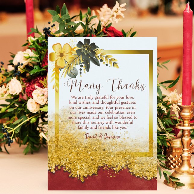 Carte De Remerciements Anniversaire du Mariage Foral Gold & Burgundy Cust (Créateur téléchargé)