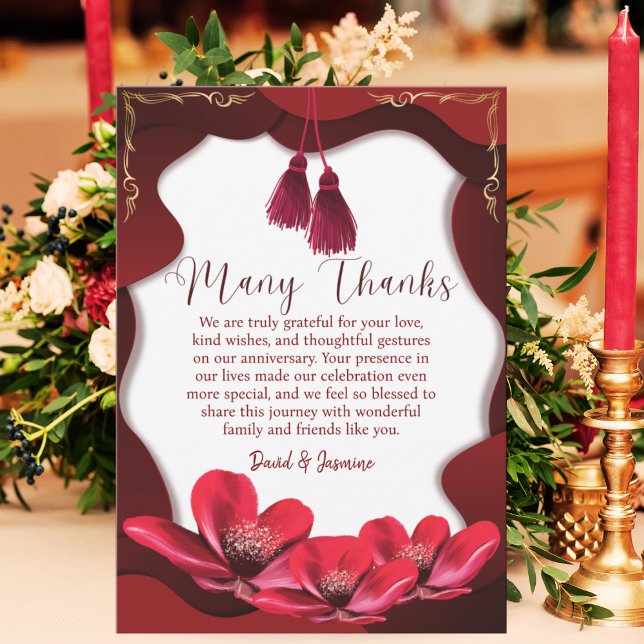 Carte De Remerciements Anniversaire élégant du Mariage Boho Burgundy & Bl (Créateur téléchargé)