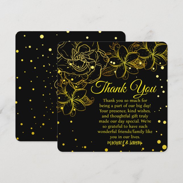 Carte De Remerciements Anniversaire élégant du Mariage Floral Black & Gol (Devant / Derrière)