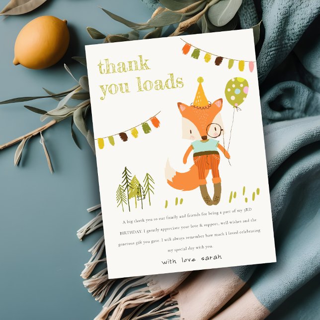 Carte De Remerciements Anniversaire Enfant Renard Fête Bois Mignonne Élég (Créateur téléchargé)