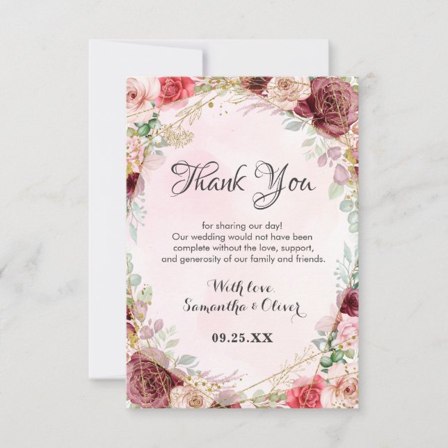 Carte De Remerciements Anniversaire floral Rose de Bourgogne élégant (Devant)