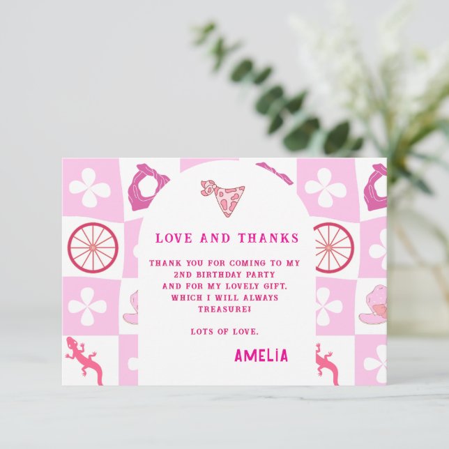 Carte De Remerciements Anniversaire Personnalisé à carreaux Cowgirl Rose (Debout devant)