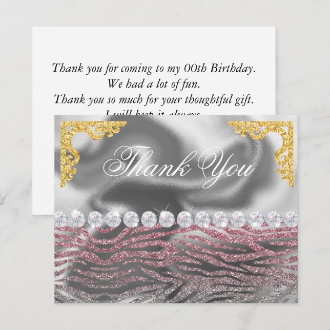 Carte De Remerciements Anniversaire Pink Silver Zebra Imprimer Parties sc (Devant / Derrière)