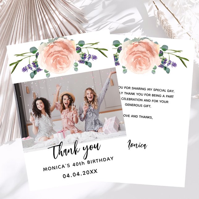 Carte De Remerciements Anniversaire rose or lavande florale photo (Créateur téléchargé)
