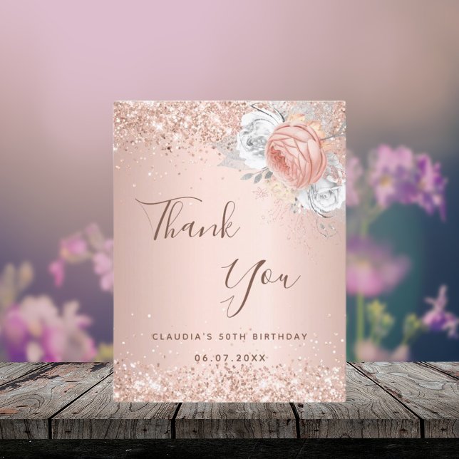 Carte De Remerciements Anniversaire rose or rousse floral brillant (Créateur téléchargé)