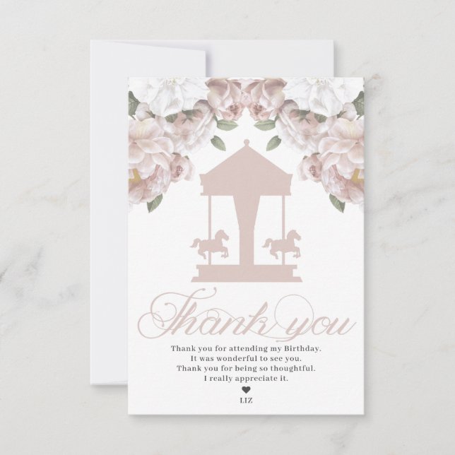 Carte De Remerciements Anniversaire rose pâle du carrousel (Devant)