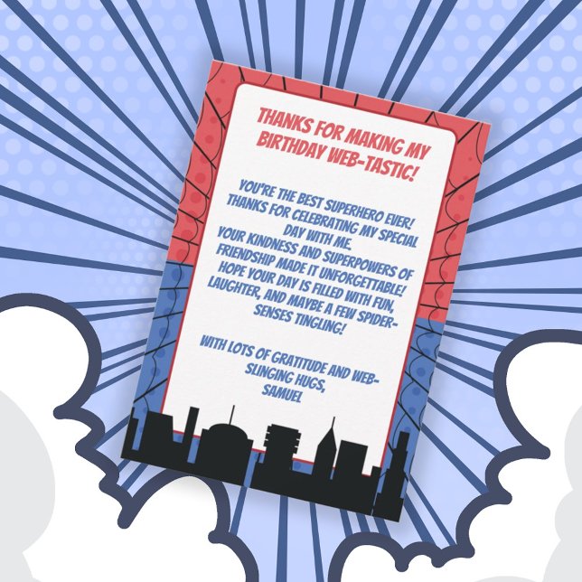 Carte De Remerciements Anniversaire Superhéros Araignée Rouge et Bleu (Créateur téléchargé)