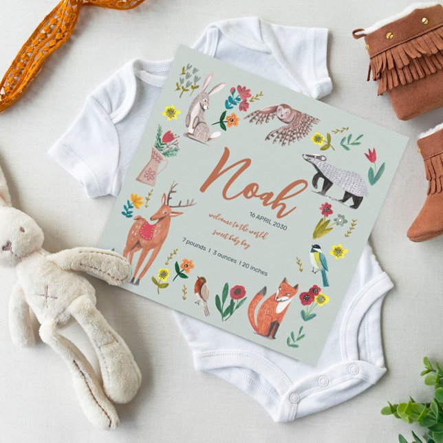 Carte De Remerciements Annonce de naissance verte avec des animaux mignon (Créateur téléchargé)