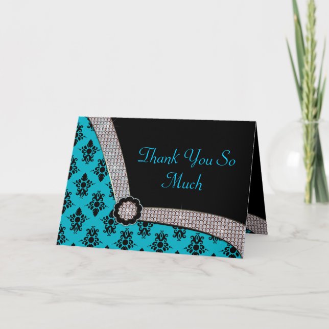 Carte De Remerciements Aqua Blue & Black Damask Gem Sparkle (Devant)