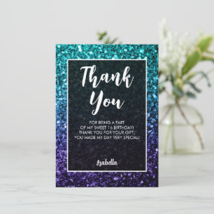 Carte De Remerciements Aqua blue ombre scintillants Sweet 16 élégant scri