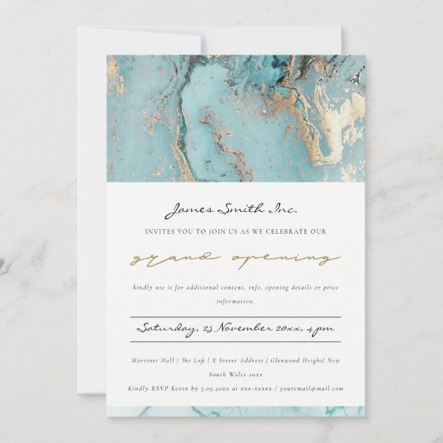 CARTE DE REMERCIEMENTS AQUA DUSKY BLUE GOLD AGATE GRAND OUVERTURE INVITAT (Devant)