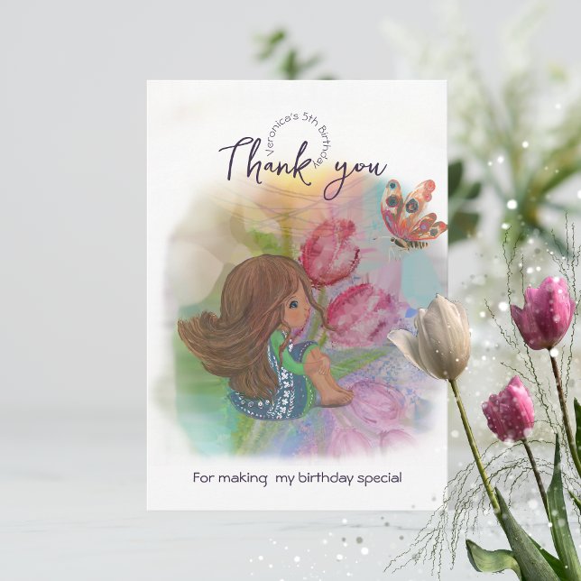 Carte De Remerciements Aquarelle Anniversaire Papillon fille (Watercolor Birthday Girl Butterfly Thank You Card)