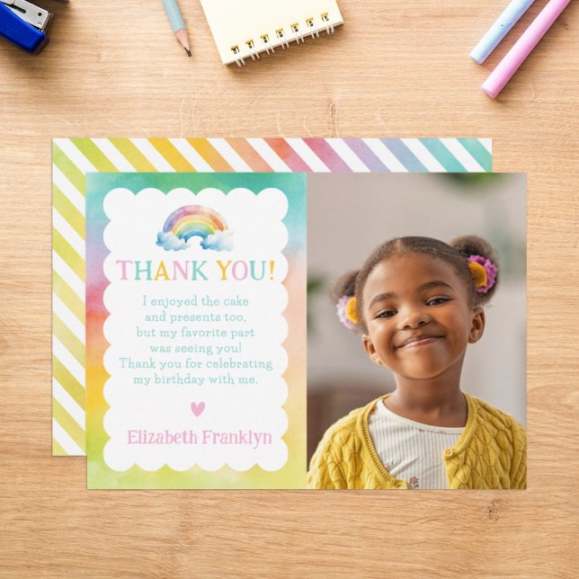 Carte De Remerciements Aquarelle arc-en-ciel Photo Enfants personnalisés (Créateur téléchargé)