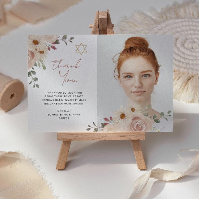 Carte De Remerciements Aquarelle assez neutre Bat mitzvah floral photo (Créateur téléchargé)