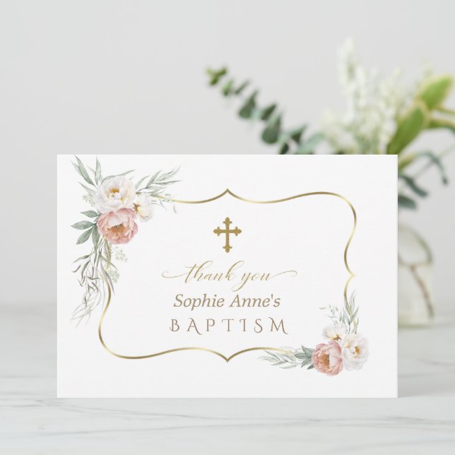 Carte De Remerciements Aquarelle Blanc Dusty Fleurs Roses Baptême (Debout devant)