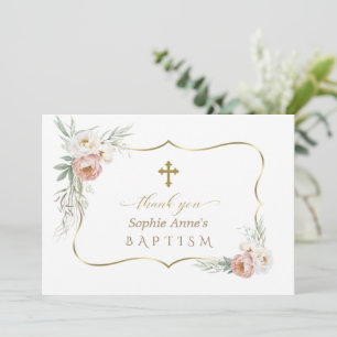 Carte De Remerciements Aquarelle Blanc Dusty Fleurs Roses Baptême
