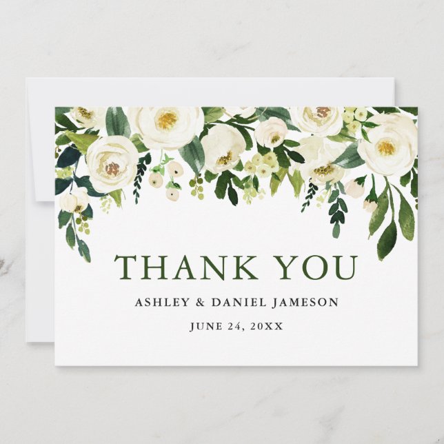 Carte De Remerciements Aquarelle Blanc Floral Mariage (Devant)