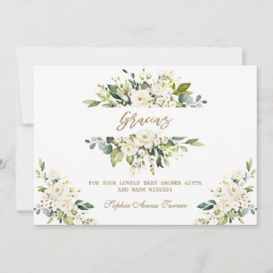 Carte De Remerciements Aquarelle Blanc Floral Or Gracias Baby shower