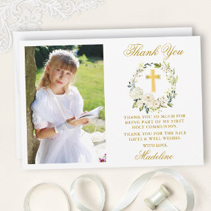 Carte De Remerciements Aquarelle Blanc Floral Première Communion Or