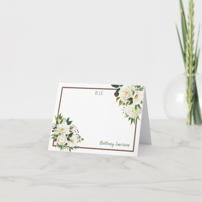 Carte De Remerciements Aquarelle blanche Coins floraux Nom Monogramme (Devant)
