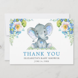 Carte De Remerciements Aquarelle bleu Baby shower d'éléphant floral