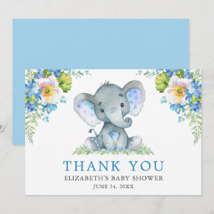Carte De Remerciements Aquarelle bleu Baby shower d'éléphant floral