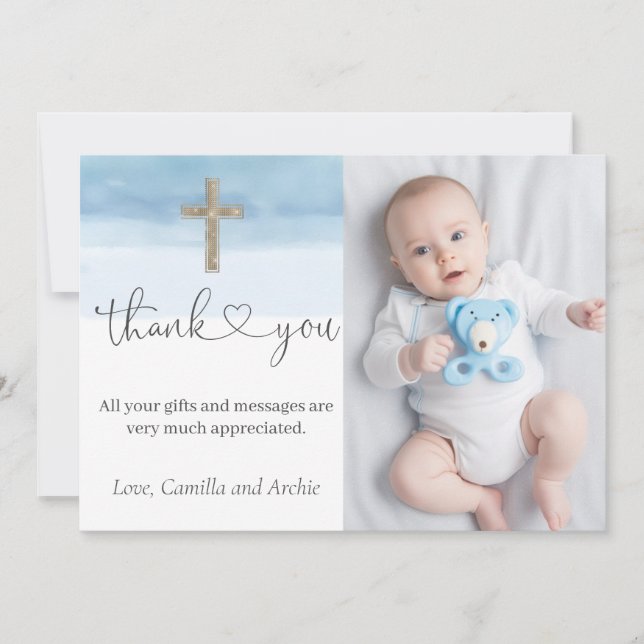 Carte De Remerciements Aquarelle Bleu clair garçon Baptême (Devant)