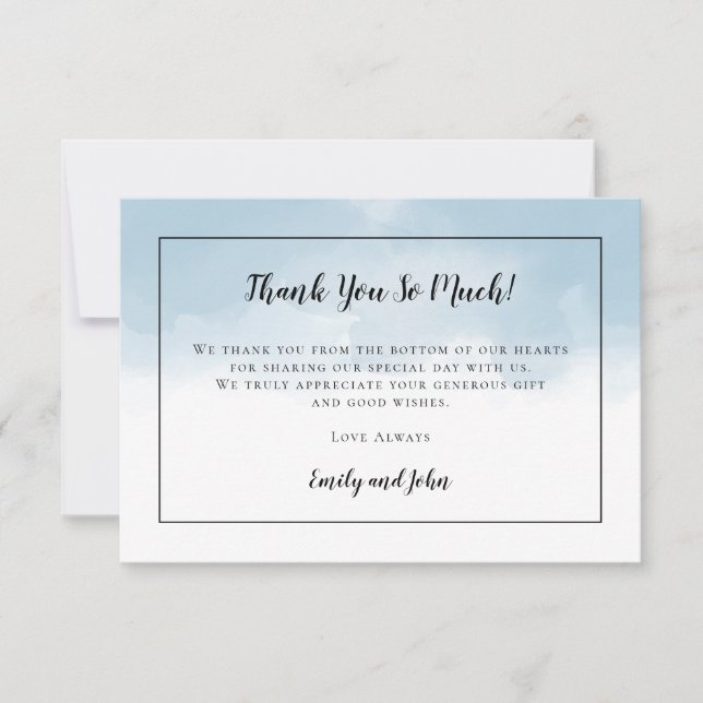 Carte De Remerciements Aquarelle bleu clair noir Script photo Mariage (Devant)