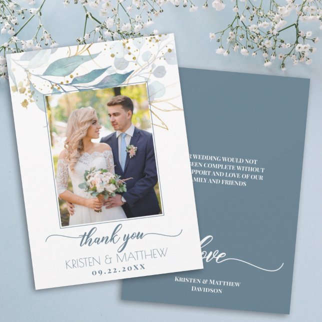 Carte De Remerciements Aquarelle Bleu Dusty Floral Élégant Mariage photo (Dusty blue greenery photo wedding thank you card with gold accents for a beautiful boho design.)