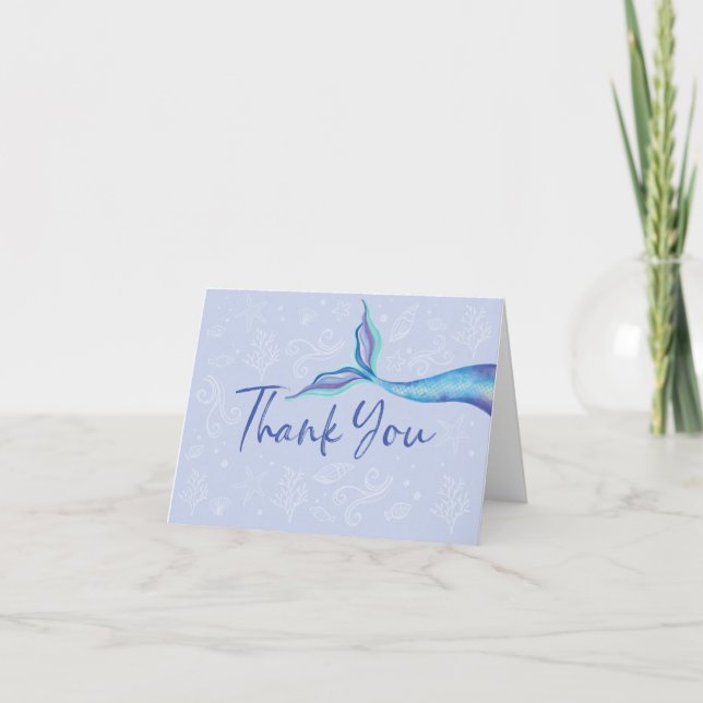 Carte De Remerciements Aquarelle bleu et eau Iridescente Fin de sirène (Devant)