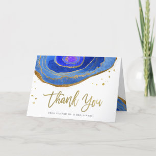 Carte De Remerciements Aquarelle Bleu et Gold Geode   Mariage