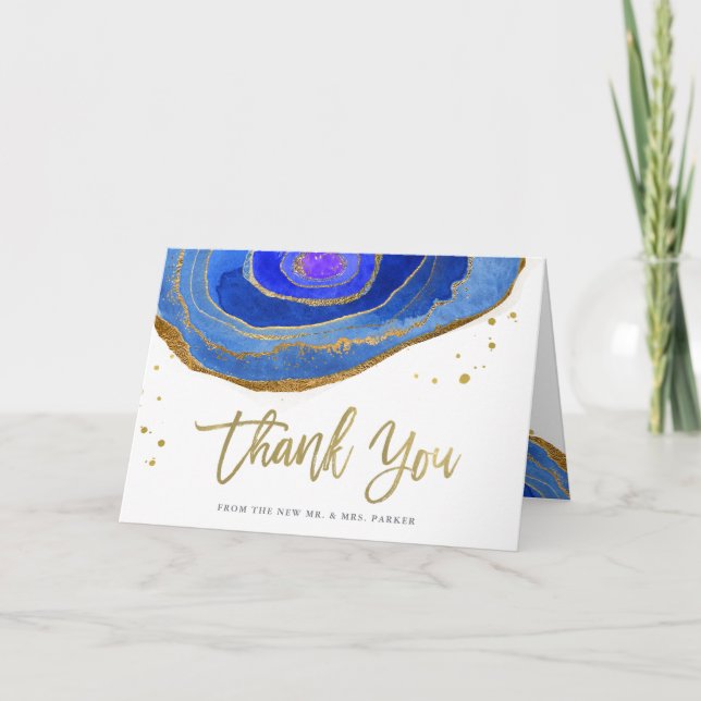 Carte De Remerciements Aquarelle Bleu et Gold Geode | Mariage (Devant)
