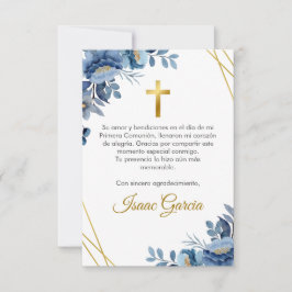 Carte De Remerciements Aquarelle Bleu Fleurs mignonnes Première Communion