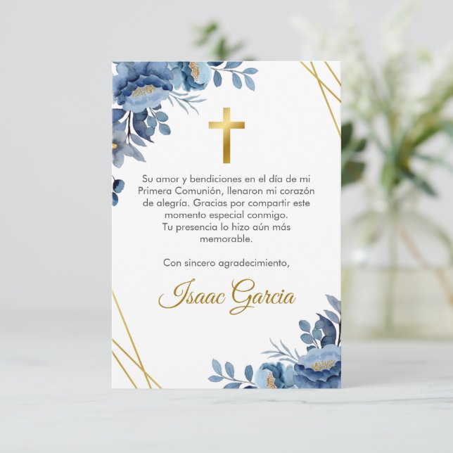 Carte De Remerciements Aquarelle Bleu Fleurs mignonnes Première Communion (Debout devant)