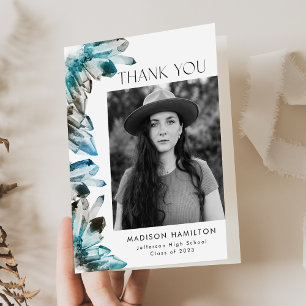 Carte De Remerciements Aquarelle bleu turquoise cristaux Photo Graduation