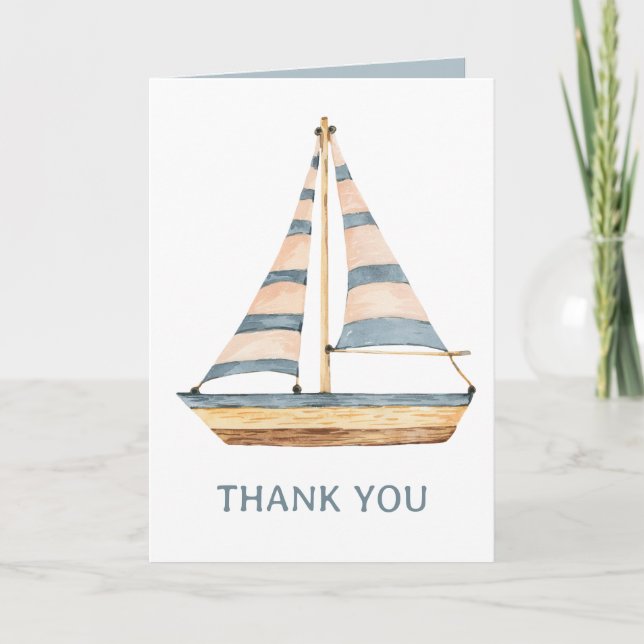 Carte De Remerciements Aquarelle Bleue Bleu Bande Voilier (Devant)