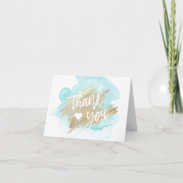 Carte De Remerciements Aquarelle bleue de coeur d'or de turquoise de (Devant)