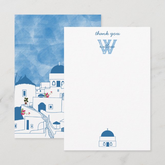 Carte De Remerciements Aquarelle bleue et blanche Santorin Grèce (Devant / Derrière)