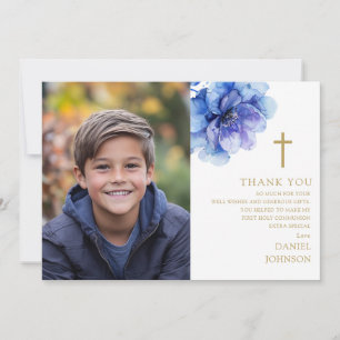 Carte De Remerciements Aquarelle bleue Fleur Photo Première Communion sai