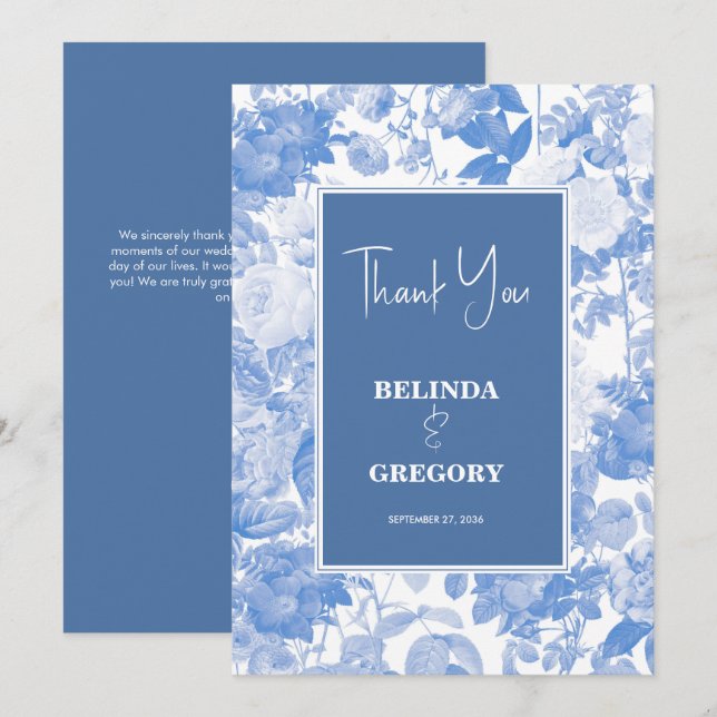 Carte De Remerciements Aquarelle bleue Mariage de fleurs botaniques (Devant / Derrière)